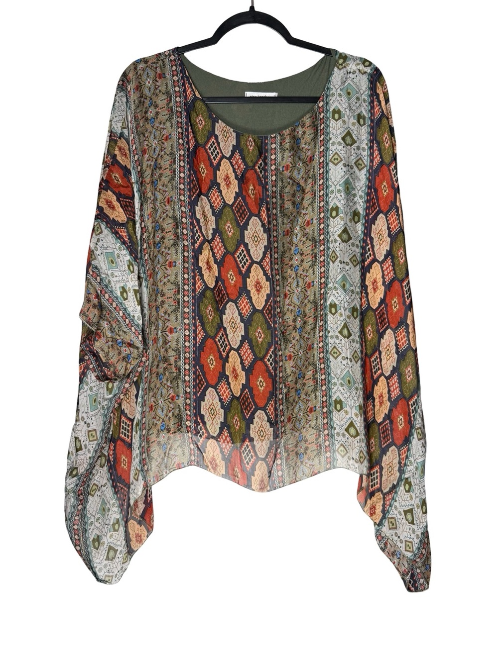Nina Kendosa Paris 100% Silk Blouse Oversized Boho Geometric Print Top One Size